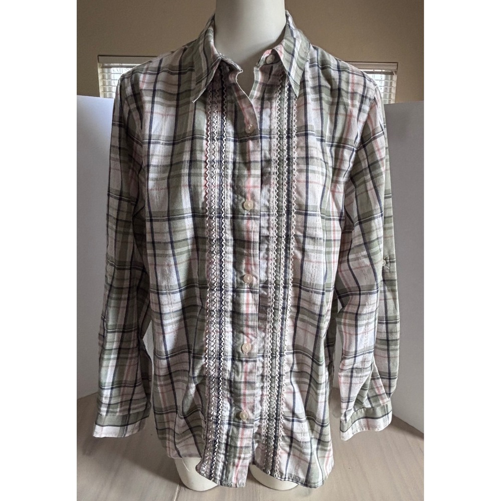 Alfred Dunner Womens 16 Plaid Button Down Shirt Green Pink Lace Trim Roll Tab‎